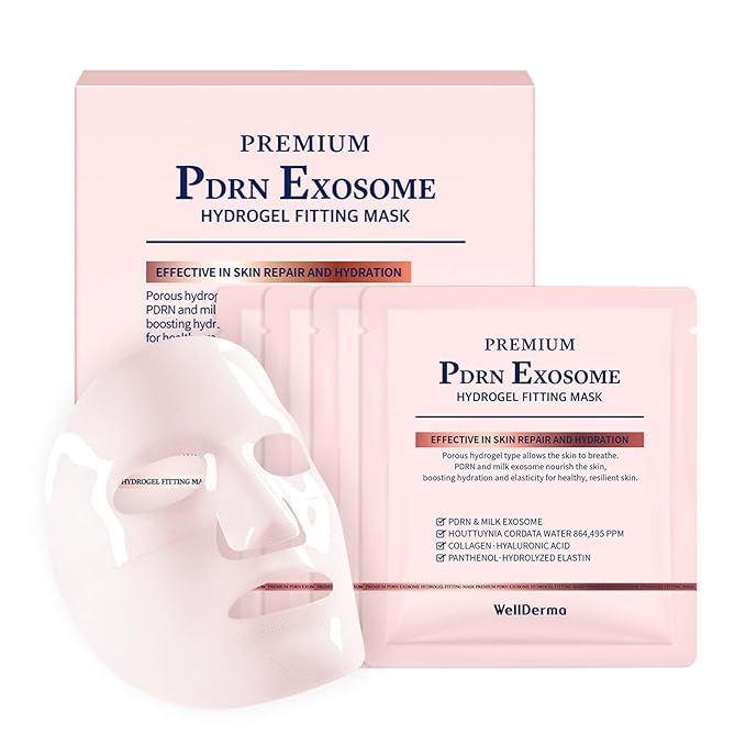 WELLDERMA PDRN Exosome Hydrogel Fitting Mask, 30g x 4 Sheets – Revitalizing & Hydrating Micro-Hole Sheet Mask with PDRN (Sodium DNA), Milk Exosome, Peptides & Hyaluronic Complex