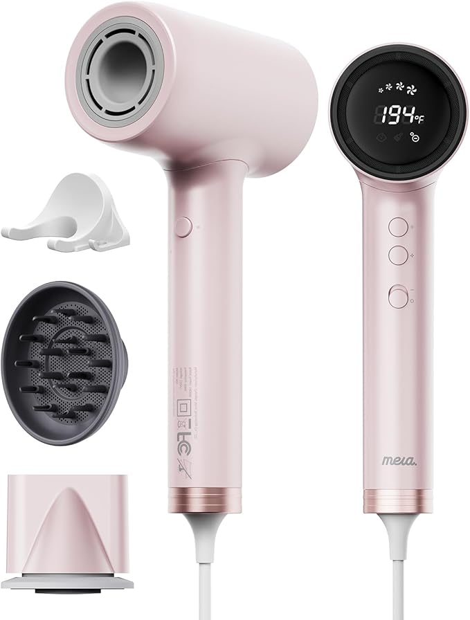Professional Hair Dryer with Diffuser (Mera ProMax Ionic-X) - Fast Drying, Anti-Static Blowdryer Full Tool Set for Women & Stylists, 1-Button Cooling Mode, cUL Certified, Self-Cleaning, LED Screen