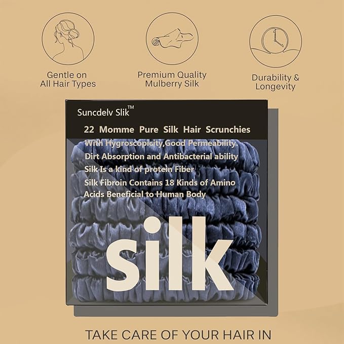 Suncdelv Silk,100% Silk Scrunchies for Hair,22 Momme Hair Ties for Anti-Crease & Breakage,Natural Women Hair Accessories，Fashion Hairbands 6PCS（Dark Blue）