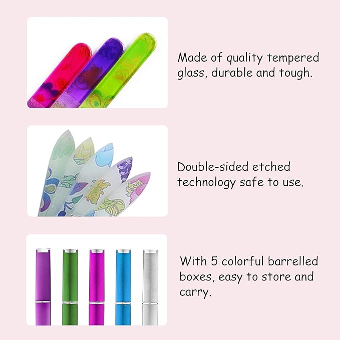 5 Pack Glass Nail File with Case, Crystal Fingernail Files, Double Sided Finger Nail Files, Professional Manicure Nail Care for Presents (Printed-5PCS with Case), Christmas Gifts Stocking Stuffers