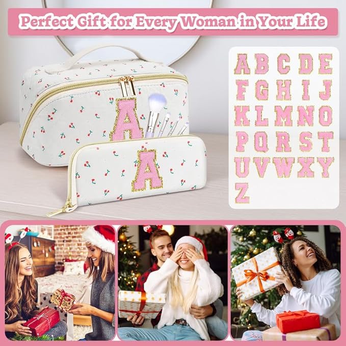 Personalized Travel Makeup Bag Set, Initial Cute Cherry Makeup Organizer Bag, Toiletry Skincare Cosmetic Bag, Valentine’s Day Gifts for Women/Girls, Open Flat Toiletry Pouch with Brush Pocket