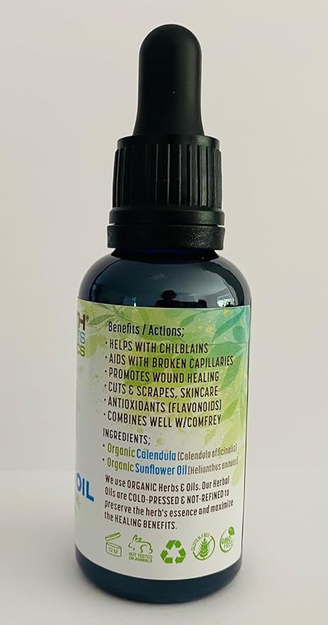 Calendula Oil with Sunflower Oil, Herbal Care for Chapped or Damaged Skin, Organic Skincare for All Skin Types - 1 fl oz