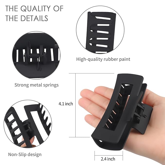 4 Inch Big Hair Claw Clips 6 Pcs Large Claw for Thick Hair Square Hair Clips for Women Rectangle Hair Clips Nonslip Acrylic Banana Jaw Clips Hair Accessories for Girls (Black)
