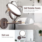 Rocollos Rechargeable Wall Mounted Lighted Makeup Mirror, 8 Inch Double-Sided LED Vanity Mirror 1X/10X Magnification,3 Color Lights Touch Screen Dimmable 360°Swivel 13 Inch Extendable