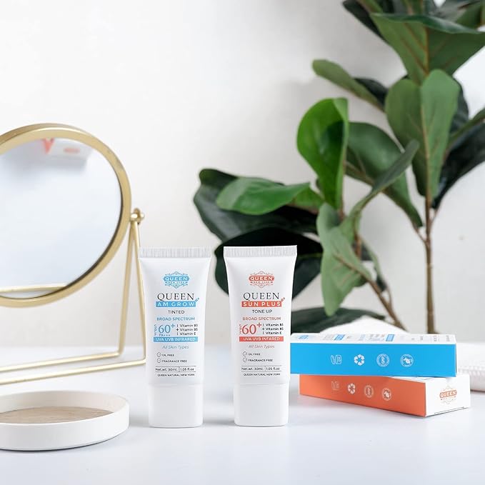 QUEEN AM GLOW | TINTED SunScreen SPF 60 PA+++Primer-Face Moisturizer- Vitamin B3, B5, E- Non-Greasy, Silky Touch-oil free, fragrance free by QUEEN NATURAL NEW YORK (Pack of 2)