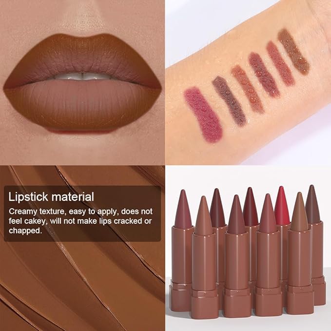 evpct 3Pcs Warm Brown Maroon Dark Wine Red Gradient Matte Lipstick Lip Liner Crayon Combo Pencil Set for Women Long Lasting, Cream Lip Liner and Lipstick Combo Makeup，Flawless Gradual Ombre Effect