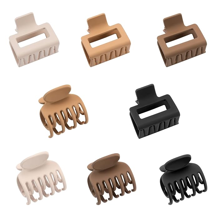Matte Hair Clips for Women Girls - 2" Rectangle & 1.6" Double Row Teeth Small Jaw Clips, Non-Slip Design for Thin/Fine Hair (White, Khaki, Brown, Black)