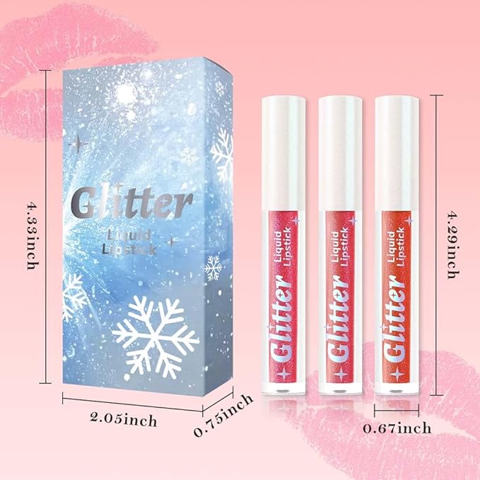 AMY'S DIARY 3Pcs Glitter Liquid Lipstick Set – Coral Pink, Metallic Red, Cherry Rose – Shimmer Metallic Lip Gloss, Long-Lasting Waterproof Lip Color, High Shine Sparkle Makeup for Women (Set B)