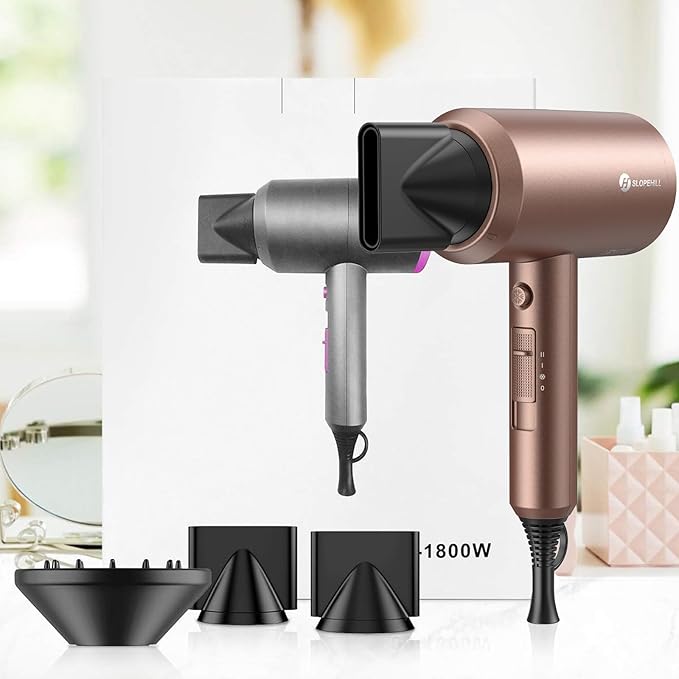 slopehill Professional Ionic Hair Dryer, Powerful 1800W Fast Drying Low Noise Blow Dryer with 2 Concentrator Nozzle 1 Diffuser Attachments for Home Salon Travel (Mocha Mousse)