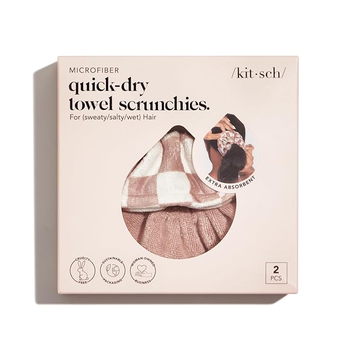 Kitsch Microfiber Hair Towel Scrunchie - Soft Large Scrunchies for Women - Scrunchies for Thick Hair - Highly Absorbent Towels | Ideal Gifts for Women - 2 pcs (Terracotta, Checkered)