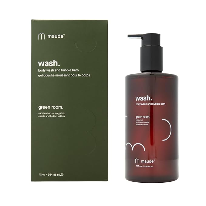 Maude Wash pH Balanced Moisturizing Body Wash & Bubble Bath - Unisex Sandalwood & Eucalyptus Shower Gel With Vitamin C - Full Body Skin Care Products & Bathtub Accessories - No.3 Green Room (12 fl oz)