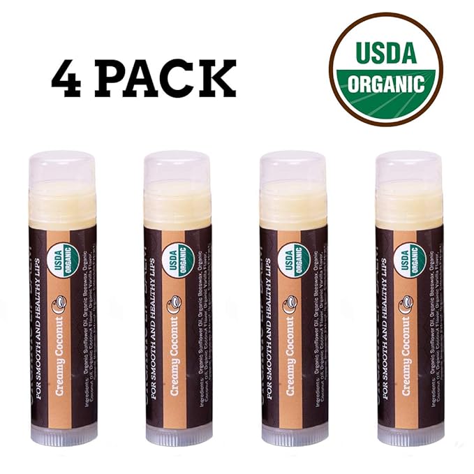 Earth's Daughter USDA Organic Lip Balm Stocking Stuffers 4-Pack Creamy Coconut Flavor - Beeswax, Coconut Oil, Vitamin E - Best Lip Repair Chapstick for Dry Cracked Lips