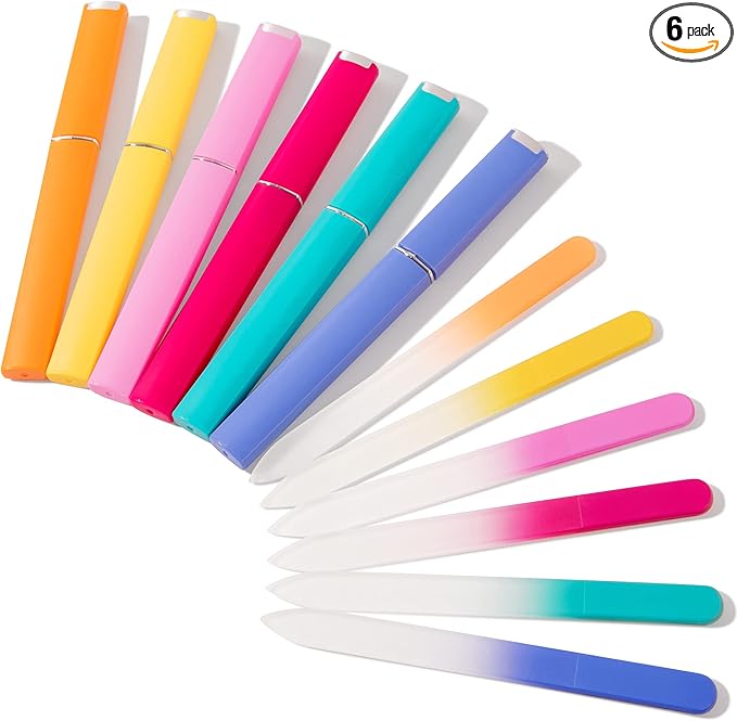 6 Pcs Glass Nail File With Case, Crystal Nail Files for Natural Nails Fingernail Files Set, Double Sided Etched Nail Filer Professional Ceramic Glass File for Travel Gifts Package Fine Grit