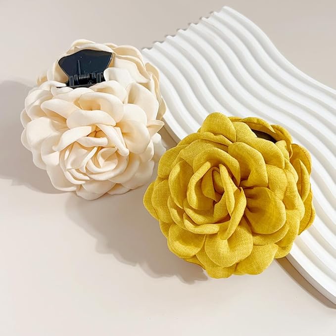 4pcs Handmade Fabric Rose Flower Hair Claw Clip for Women Girls, 3.94" Large Boho Hawaiian Floral Hairpins Barrettes for Thick Thin Hair Styling Accessories (Yellow Brown)