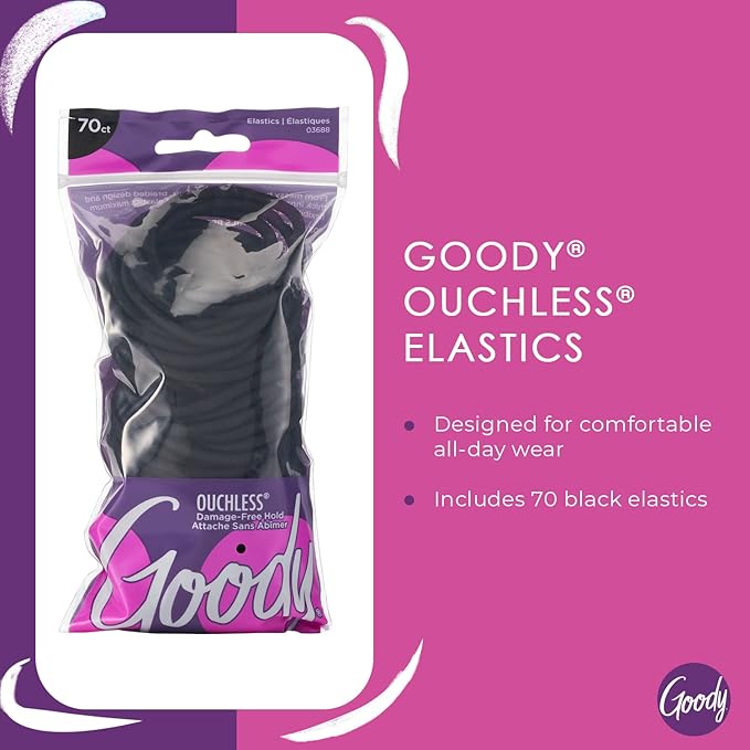 Goody Ouchless Hair Elastics – No Pull, No Breakage, Tangle-Free Hold for Thick, Curly, Coily & Textured Hair – 70 Count, Black, Long-Lasting Ponytail Holders for Women & Men