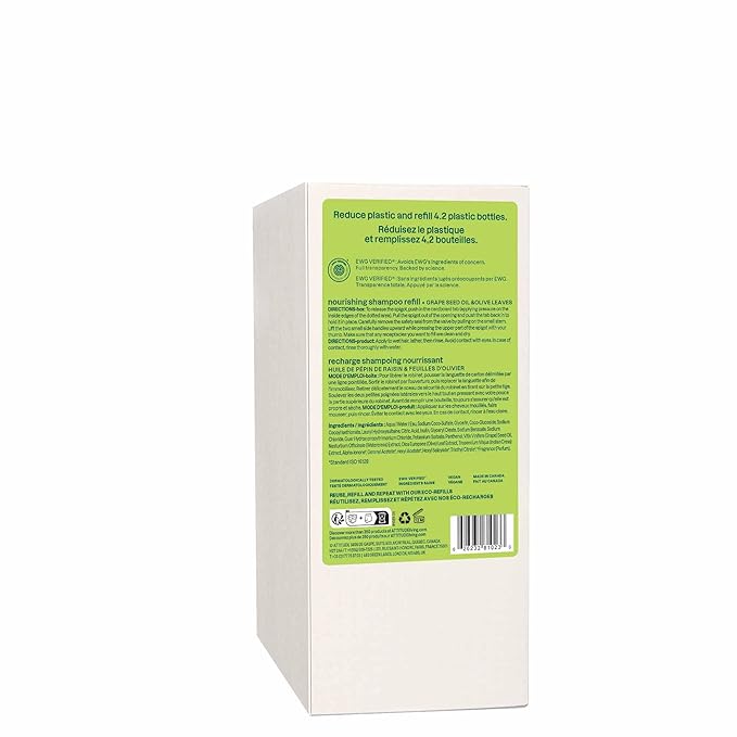 ATTITUDE Nourishing Hair Shampoo, EWG Verified, For Dry and Damaged Hair, Naturally Derived Ingredients, Vegan and Plant Based, Grapeseed Oil and Olive Leaves, Bulk Refill, 67.6 Fl Oz