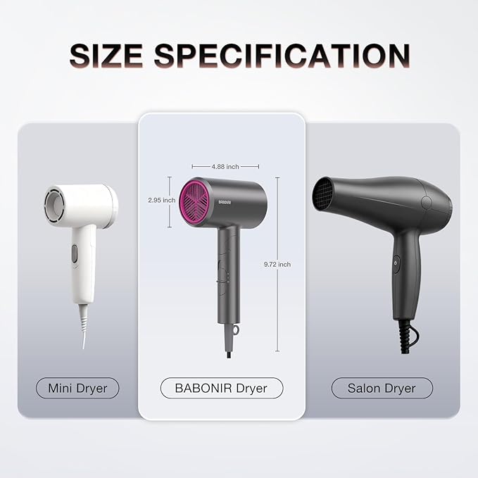 Ionic Hair Dryer, 1875W Fast Drying Blow Dryer with Diffuser and Concentrator Nozzle, Foldable Design, Negative Ion Hairdryer, 3 Heat 2 Speed Settings, Lightweight for Home & Travel, Gray