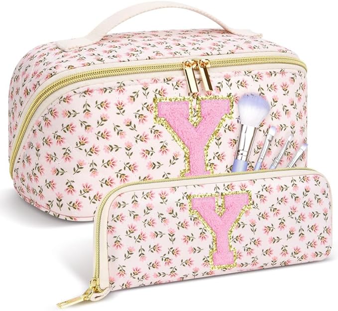 Personalized Travel Makeup Bag Set,Initial Travel Cute Floral Makeup Organizer Bag,Toiletry Skincare Cosmetic Bag,Valentine’s Day Gifts for Women/Girls,Open Flat Toiletry Pouch with Brush Pocket-S