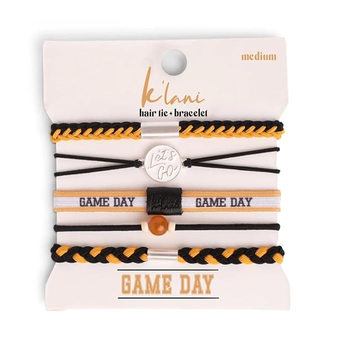 K'lani Game Day Hair Tie Bracelets – 5-Pack Stretchy No-Crease Hair Ties & Stylish Bracelets – Team Color Accessory for Hair or Wrist - Black & Gold, Large