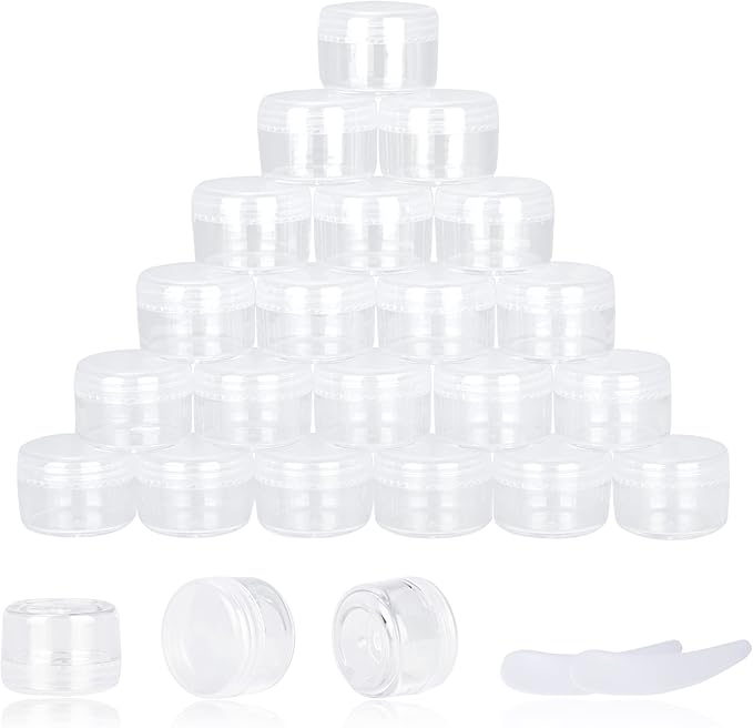 25PCS 5 Gram Sample Containers, 5ml Empty Jars with Lids, Small Cosmetic Containers, Mini Sample Jars with 2PCS Mini Spatulas for Make Up, Oils, Lotion, Powder, Paint, Jewelry, Lip Balms(Clear Lid)