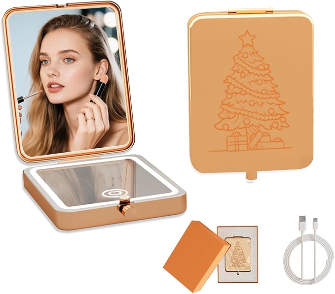 2025 Pocket Mirror With Light, Rose Gold Rechargeable Dimmable 3 Color Lighting 1x/3x Led Compact Travel Makeup Mirror for Purse, Portable, Folding, Handheld, Small Lighted Mirror Gift for Women