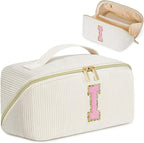 Personalized Initial Makeup Bag, Valentine's Day Gifts for Girls,Preppy Bag Cosmetic Travel Bag Women,Travel Toiletry Organizer,Large Capacity Corduroy Stuff Bag,Cute Cosmetic Pouch Skincare Bag