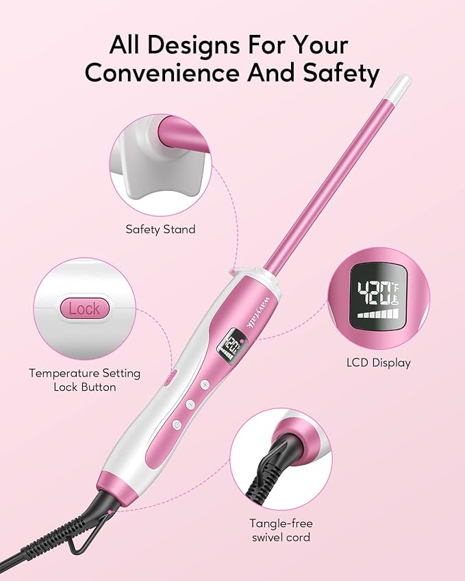 Wavytalk 3/8 Inch Small Curling Wand, Wand Curling Iron for Short & Long Hair, Ceramic Barrel with Adjustable Temperature, Heat Resistant Glove Included (Rose Pink)