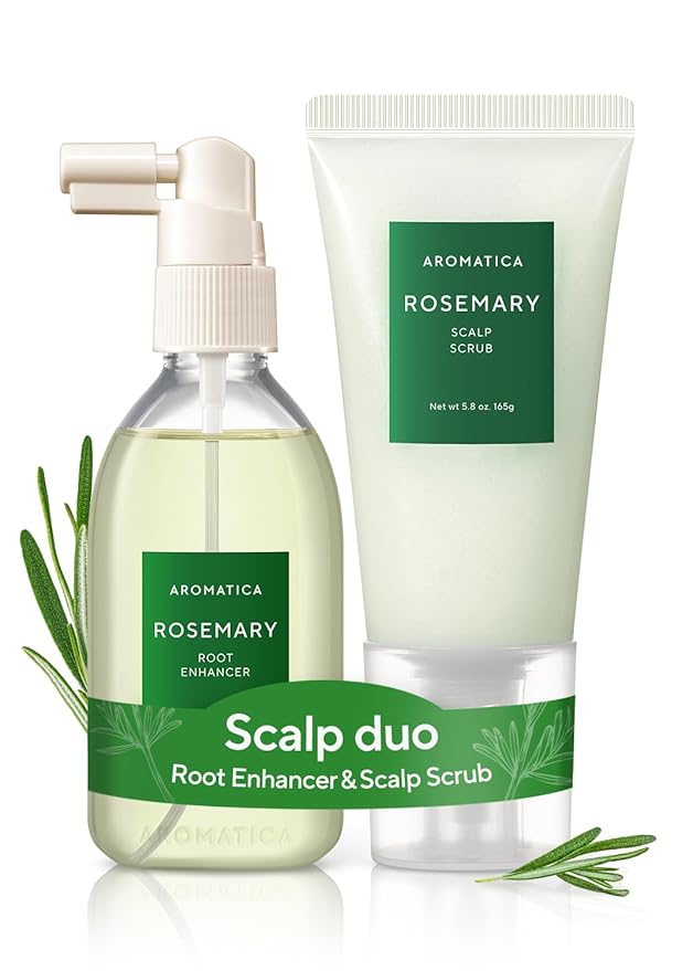 AROMATICA Rosemary Root Enhancer And Scalp Scrub Korean Hair Care Set - Rosemary Water Spray and Scalp Exfoliator for Dry Scalp Treatment, Refresh Your Hair with Rosemary Oil Scalp Care, Holiday gifts