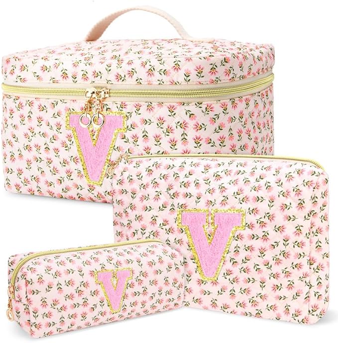 3 PCS Travel Makeup Bag Set, A–Z Initials Cotton Quilted Cosmetic Bag for Women & Preppy, Personalized Toiletry Bag Travel Accessories Makeup Brushes Organizer, Valentine’s Day & Birthday Gift for Her