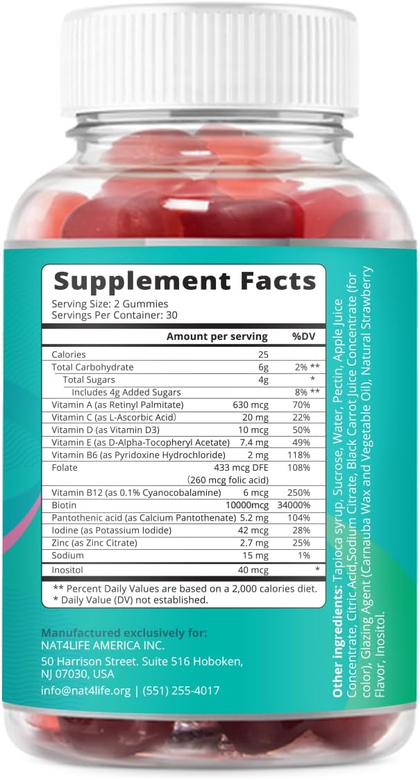 BeLive Biotin Gummies with MultiVitamins, Folate, Inositol – Supports Hair Growth, Healthy Skin & Nails – Vegan, Pectin Based – Strawberry Flavor (1)