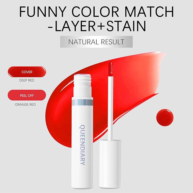 QueenDiary lip stain peel off lip gloss all day long lasting Waterproof and Transferproof lip tint - matte finish peel off lip liner (03#Confident)