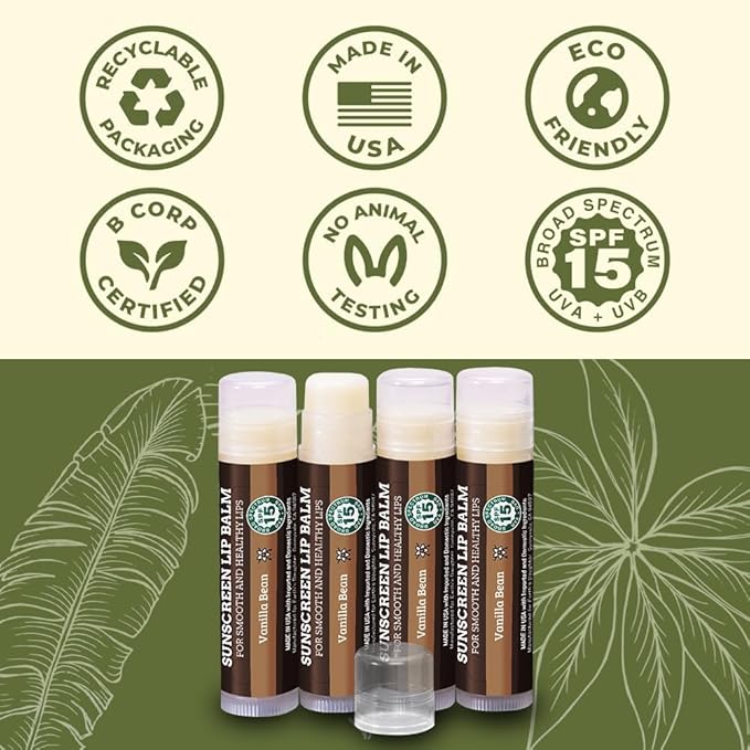 Earth's Daughter SPF Lip Balm 4-Pack - Lip Sunscreen, SPF 15, Organic Ingredients, Vanilla Flavor, Beeswax, Coconut Oil, Vitamin E - Hypoallergenic, Paraben Free, Gluten Free