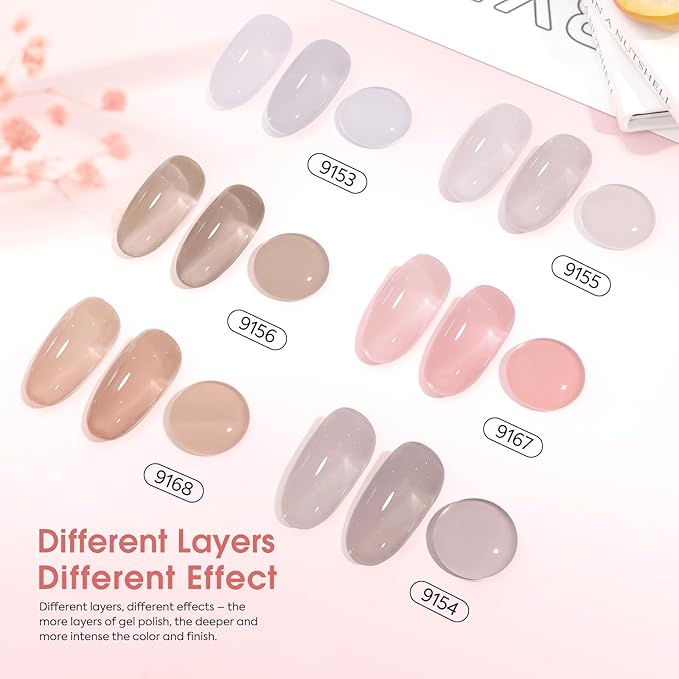 CANNI Jelly Nude Gel Nail Polish Set- 6 Pcs 9 Ml Neutral Transparent Jelly Pink Colors Gel Polish Kit, Soak Off LED Nail Gel Manicure Kit DIY at Home Salon Gifts