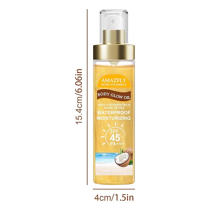 Body Glow Oil, SPF 45 PA+++, Sunscreen Body Oil with Gold Mica, Moisturizing Coconut with Vitamin E, Glow Moisturizer, Lightweight, Water Resistant, 3.72 fl oz,GOLD