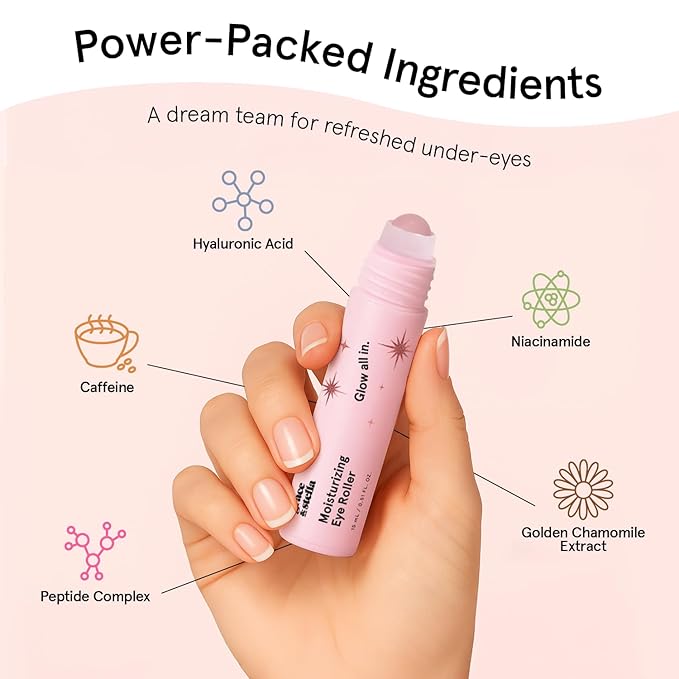 grace & stella Under Eye Brightener with Rose Quartz Rollerball - Hyaluronic Acid & Caffeine Eye Serum for Dark Circles & Puffiness - Travel Size Toiletries, Womens Christmas Gifts (15ml / 0.51floz)