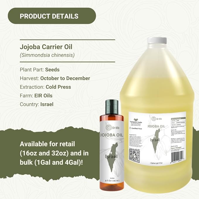 Jojoba Oil - Direct from EIR Oils' Farm in Israel - 100% Pure Carrier Oil for Hair, Face, and Skin - Hand-Picked, Cold-Pressed Carrier Oil (16oz)