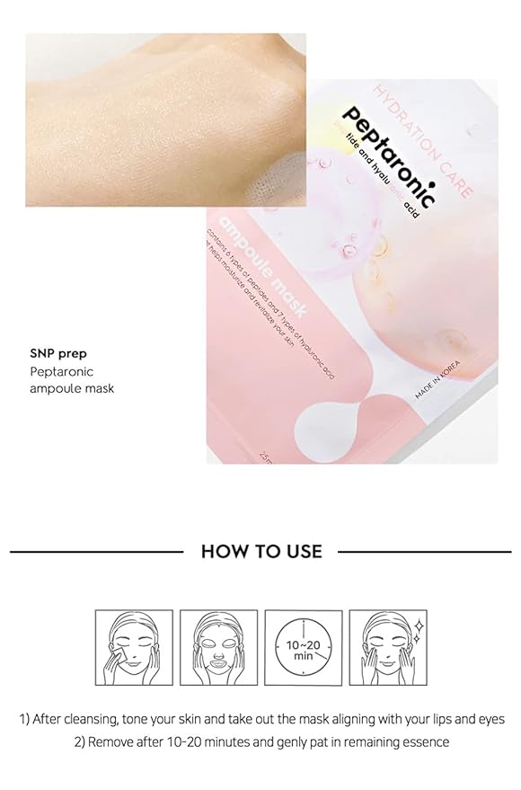 SNP Peptaronic Ampoule Sheet Mask | Peptide and Hyaluronic Acid Sheet Mask | Hydrating, Moisturizing, and Friming for Dry Skin Types | Korean Skin Care Facial Mask | 10 Sheets