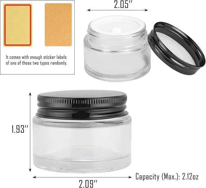 24 Pack 2oz Clear Glass Jars Small Glass Containers with Black Metal Lids Empty Cosmetic Jars with Inner Liners and Lids Clear Glass Lotion Jars with Labels for Traveling