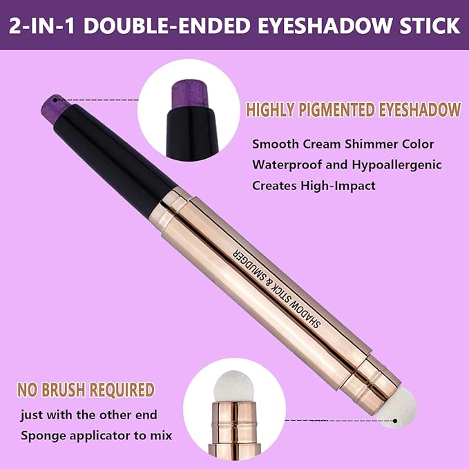 Purple Eyeshadow Stick Makeup, Highlighter Matte Cream Eye Shadow Pencil, Waterproof Hypoallergenic Long Lasting Crayon, Glitter Primer Palette Shimmer Eyeliner Pen wiht Soft Brush