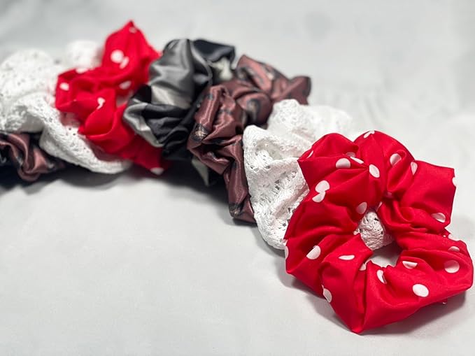 Large White Lace Hair Scrunchies for Women, Girl Hair Bands, Hair Ties, Ponytail Holders, hair accessories, Soft and Stretchy, 5"~5.5" diameter。4 pcs White (Grey Silver+Lace+Poka dot+Amoebic)