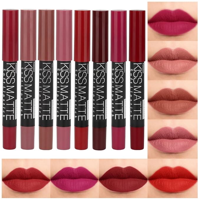 evpct 8Pcs Matte Lipstick and Lip Crayon Lip Liner Pencil Pen Set for Women Dark Ruby Deep Red Nude Beige Chestnut Brown Mauve Plum Purple Wine Red Matte Lip Liner Crayon and Liquid Lipstick 03
