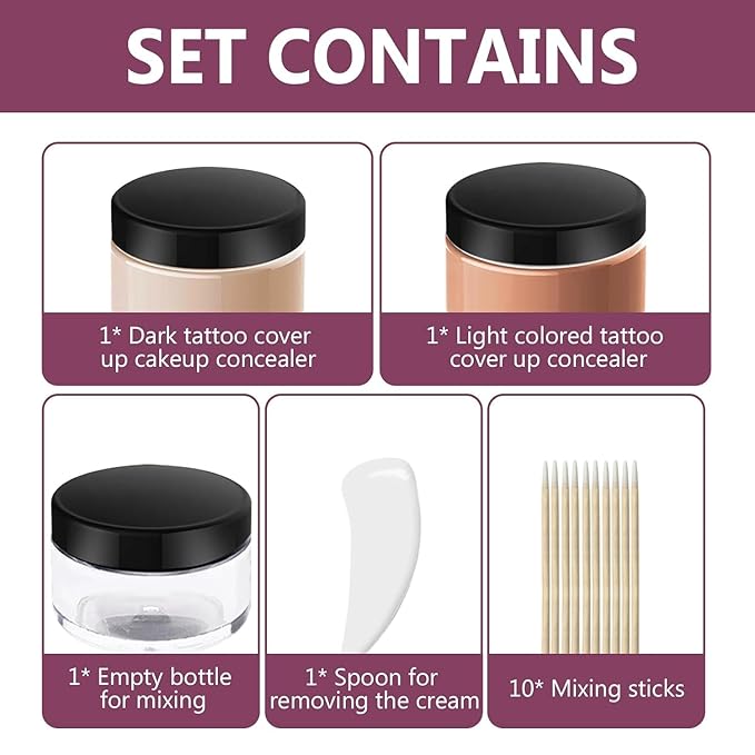 Tattoo Cover Up Makeup Waterproof, 2 Colors Tattoo Concealer, Invisible Tattoo Cover Up, Suitable for Tattoos Scars and Spots, for All Skin Types,2.8Oz