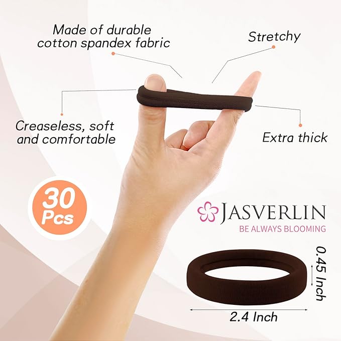 30 Pcs 2.4 Inch Large Hair Ties, Extra Big Seamless Cotton Elastic Bands for Thick Thin Curly, Soft Stretchy Ponytail Holders for Women Girls Men (Dark Brown)