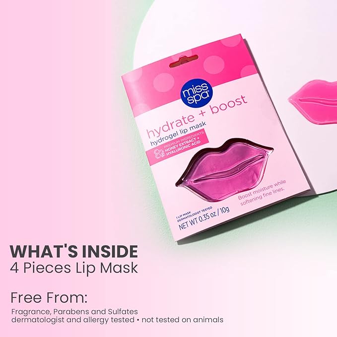 MISS SPA Lip Mask, Hydrate Boost Hydrogel Pink Lip Mask, Sooth Restore Lips, Lip Plumper, Moisturizing And Reducing Fine Lines, Anti-Aging Face Mask Skin Care, Nourishing Honey Lip Patches 4 Pack