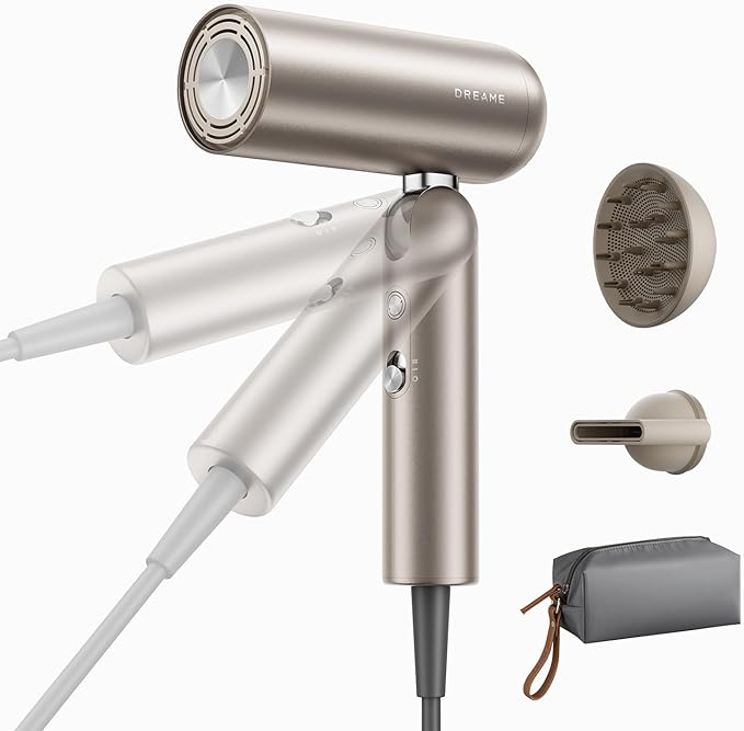 Dreame Pocket Pro Hair Dryer, Dual Voltage Travel Blow Dryer with Diffuser, 1300W Professional HighSpeed Ionic Hair Blower, Fast Drying, Low Noise, Lightweight, No Heat Damage, Global Travel 120V/240V