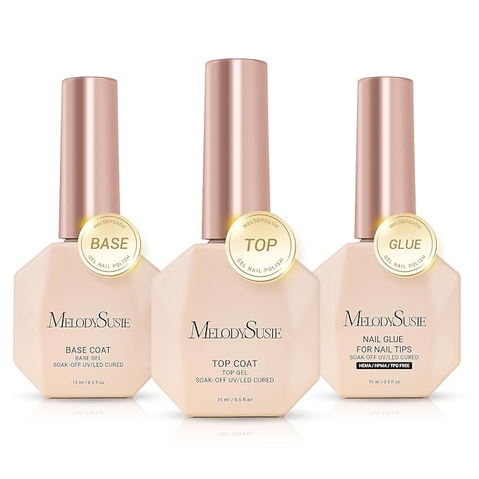 MelodySusie Top Coat Nail Glue Base Coat No Wipe Glossy Set Long Lasting Shine Finish Soak Off UV LED Nail Lamp Nail Art Design Manicure Kit Perfect Gifts for Women Girls 3 Pcs 15ml Clear