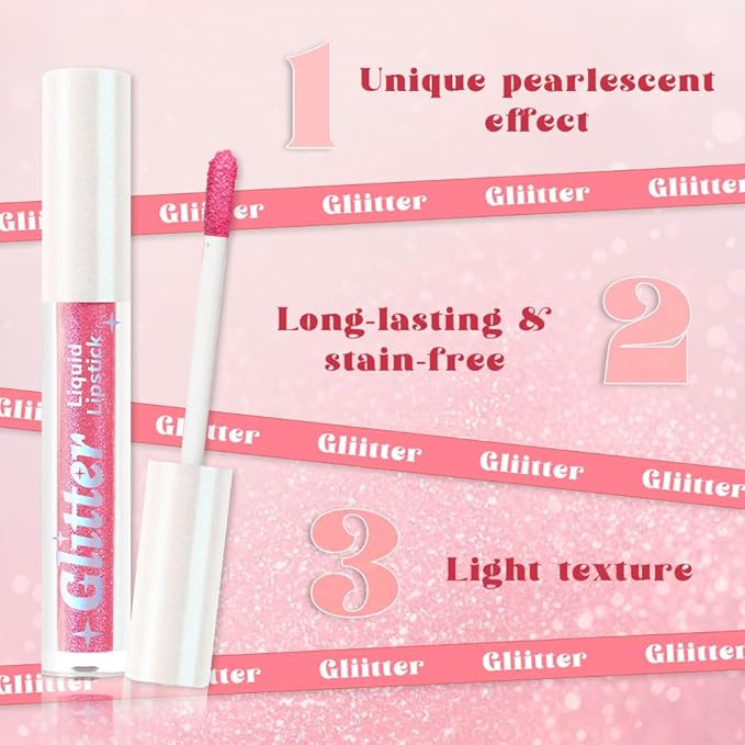 AMY'S DIARY Glitter Liquid Lipstick, Shimmer Metallic Lip Gloss, Long-Lasting Waterproof Lip Color, High Shine Sparkle Makeup,Lip makeup for woman (Pink Diamond Sparkle#2)