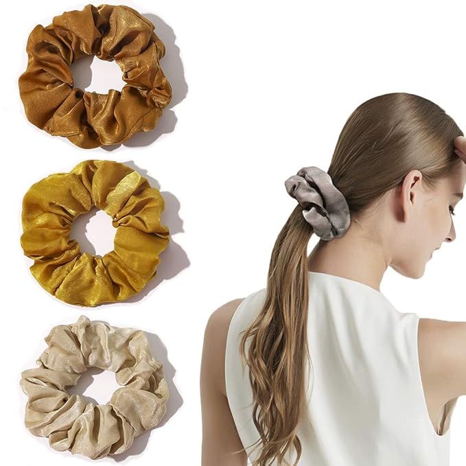 Silk Satin Scrunchies Women Hair Ties - Ivyu Big Scrunchy Ponytail Holder No Crease Hair Bands Soft Elastic No Hurt Your Hair for Vsco Girl Women Beige Gray Dard Yellow Light Yellow