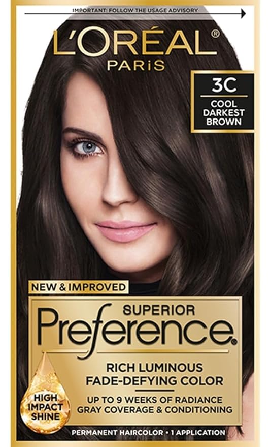 L'Oreal Paris Superior Preference Luminous Fade-Defying Permanent Hair Color, Hair Dye For Up to 9 Weeks of Radiance, Cool Darkest Brown 3C, 1 Hair Dye Kit
