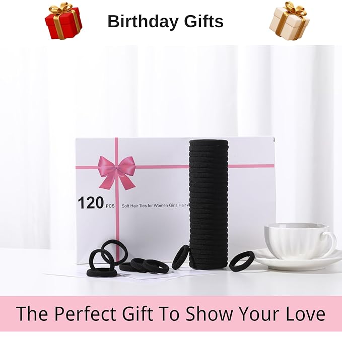 LuSeren 120PCS Black Hair Ties for Thick Hair – Seamless No Damage Elastic Ponytail Holders, Black Hair Band,Bulk Nylon Hair Elastics for Women